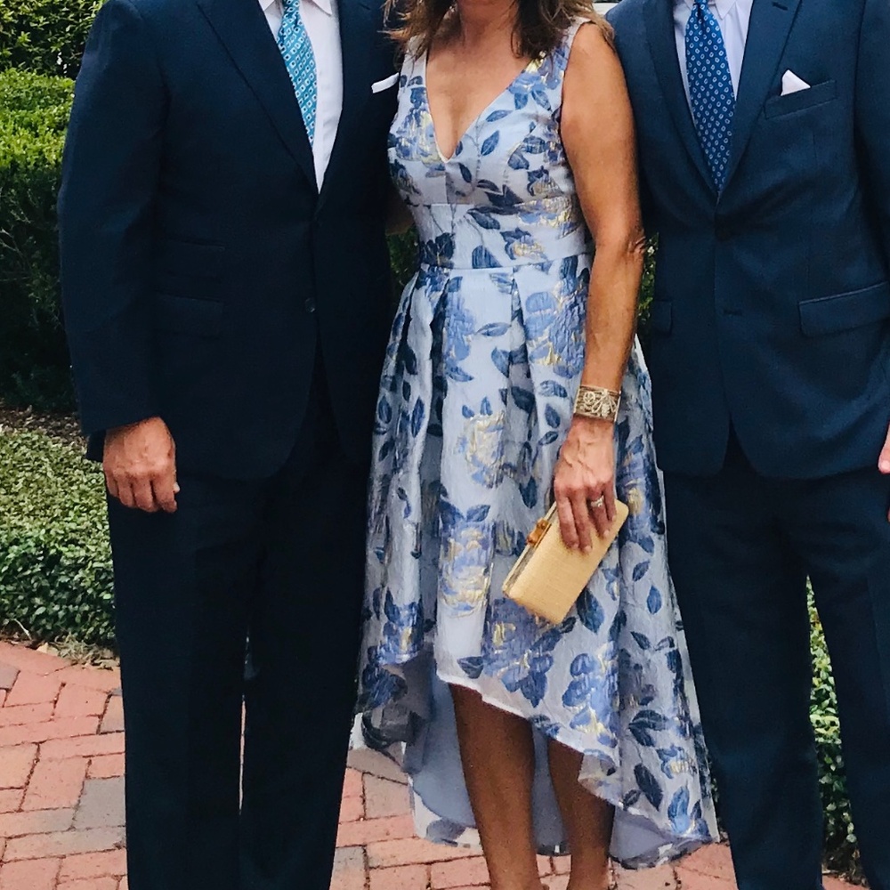 Blue floral high low cocktail dress. Designed by Eliza J. Size 8, worn once.